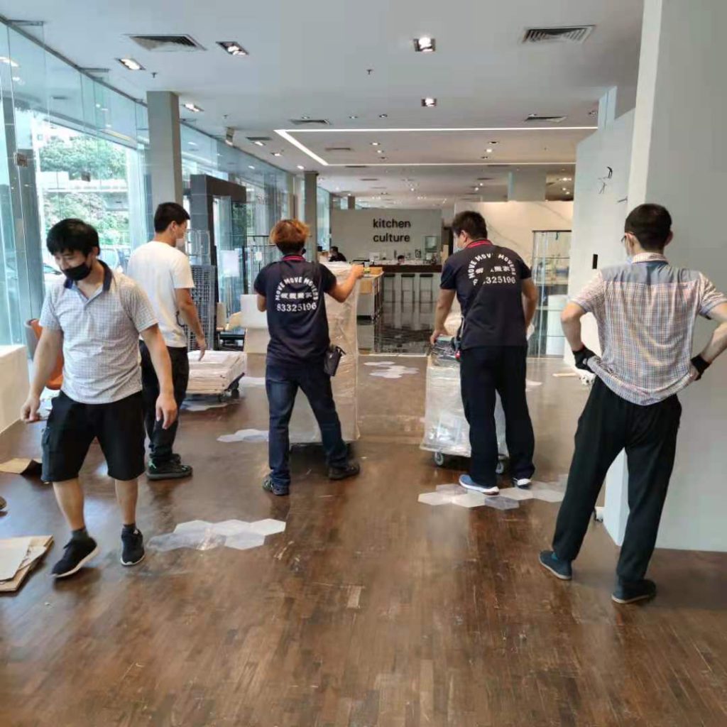Luxury showroom relocation project in Singapore with professional movers handling large fixtures