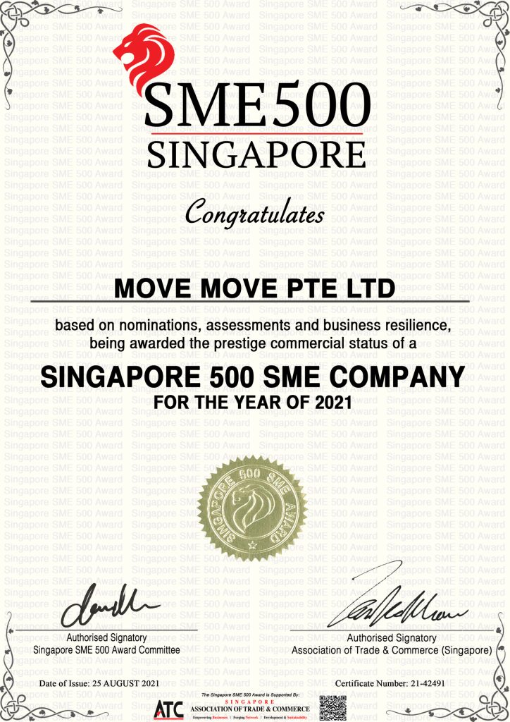 SME500 Singapore award certificate awarded to Move Move Pte Ltd