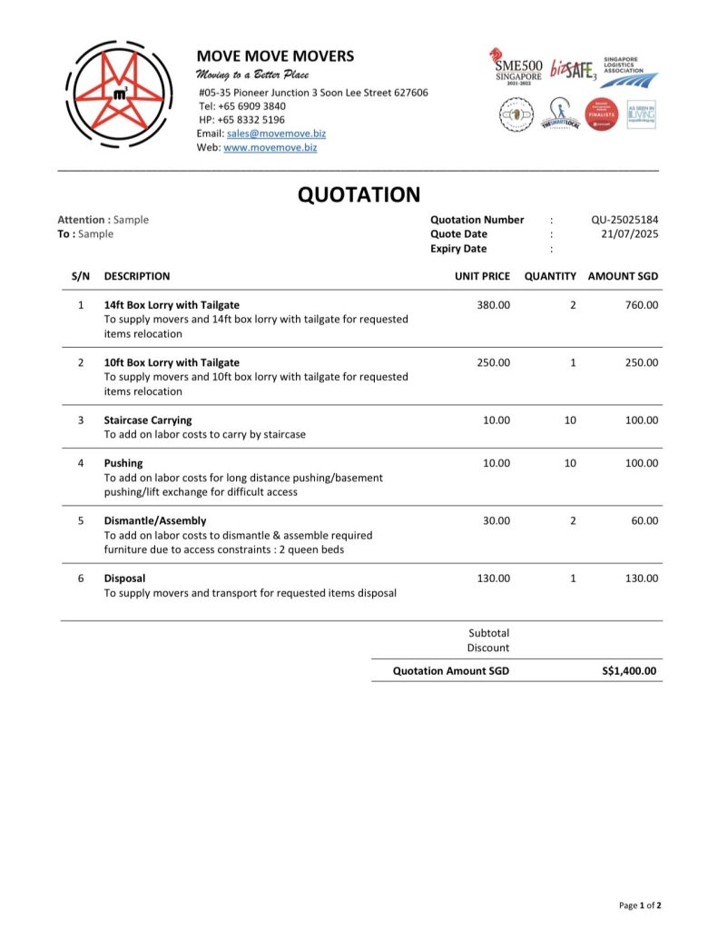 Move Move Movers transparent quotation sample for a Singapore moving job