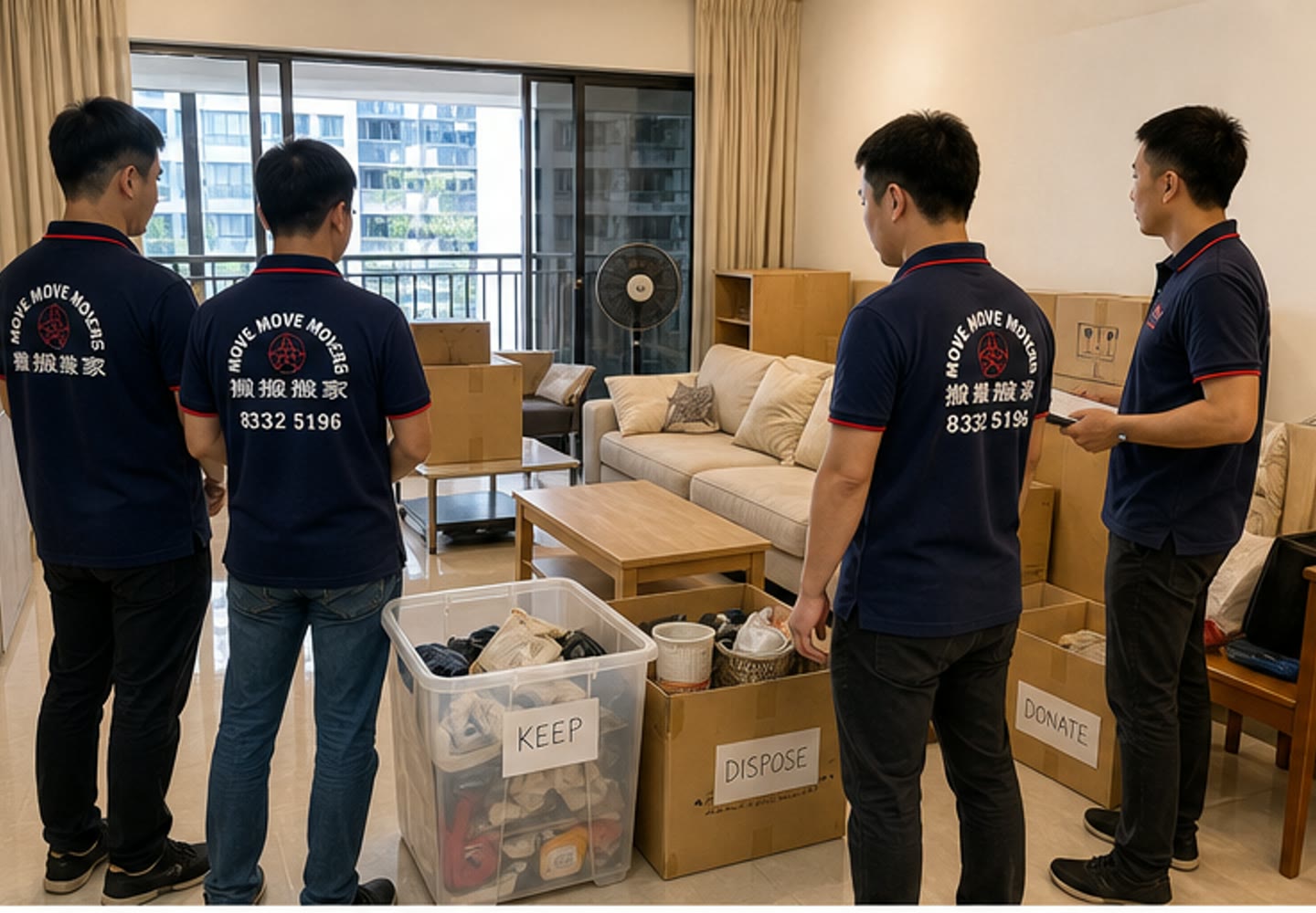 Illustrative Move Move Movers crew sorting keep, dispose and donate items during a full house clearance