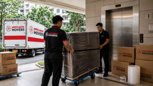 Condo house moving service singapore with professional movers – move move movers – move move movers Move Move Movers crew moving wrapped furniture with branded boxes at a Singapore condo lift lobby