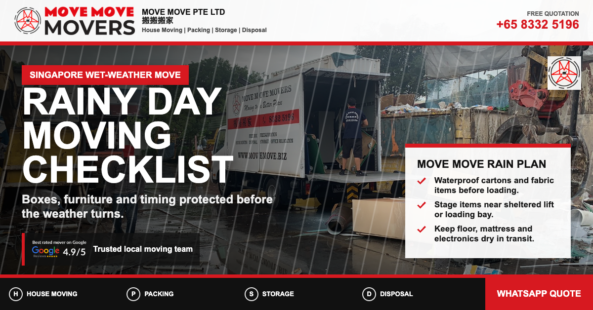 Move Move Movers branded truck and crew visual for rainy day moving checklist in Singapore