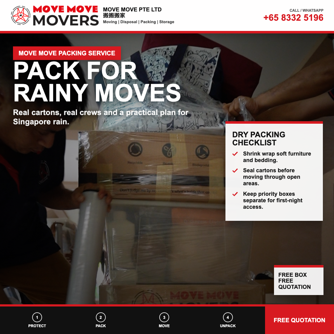 Move move movers waterproof packing service visual – move move movers – move move movers Move Move Movers packing service visual with branded cartons and shrink-wrapped items for rainy moves