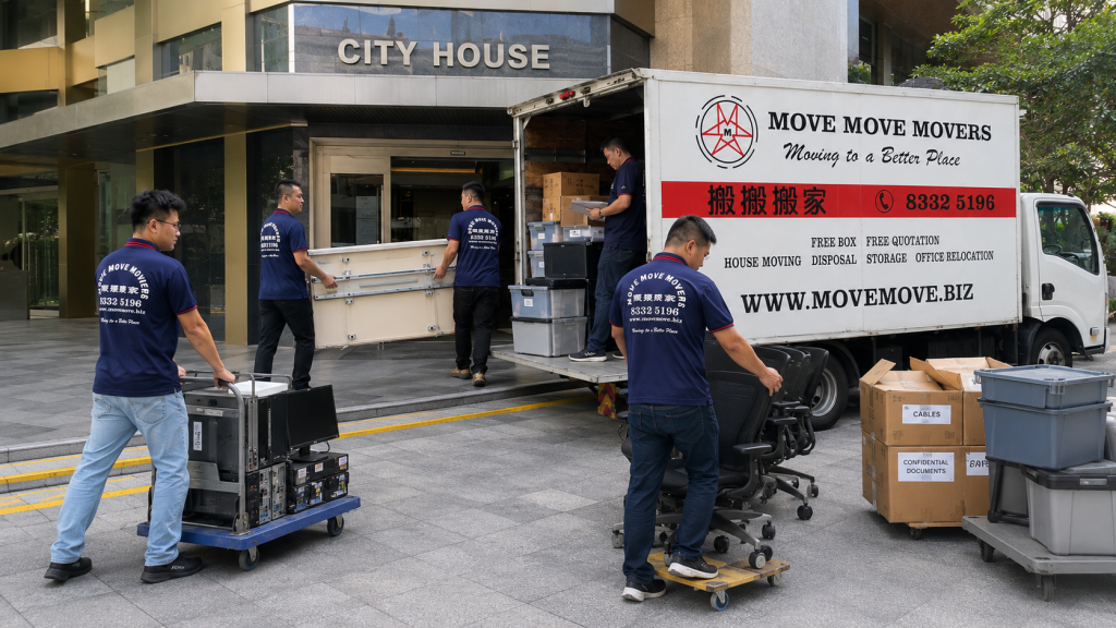 Move Move Movers crew loading office chairs, cartons and equipment at City House Singapore
