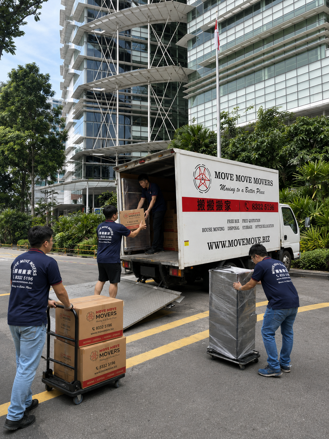 Move Move Movers crew loading cartons and protected furniture from a branded lorry at a Singapore driveway access point