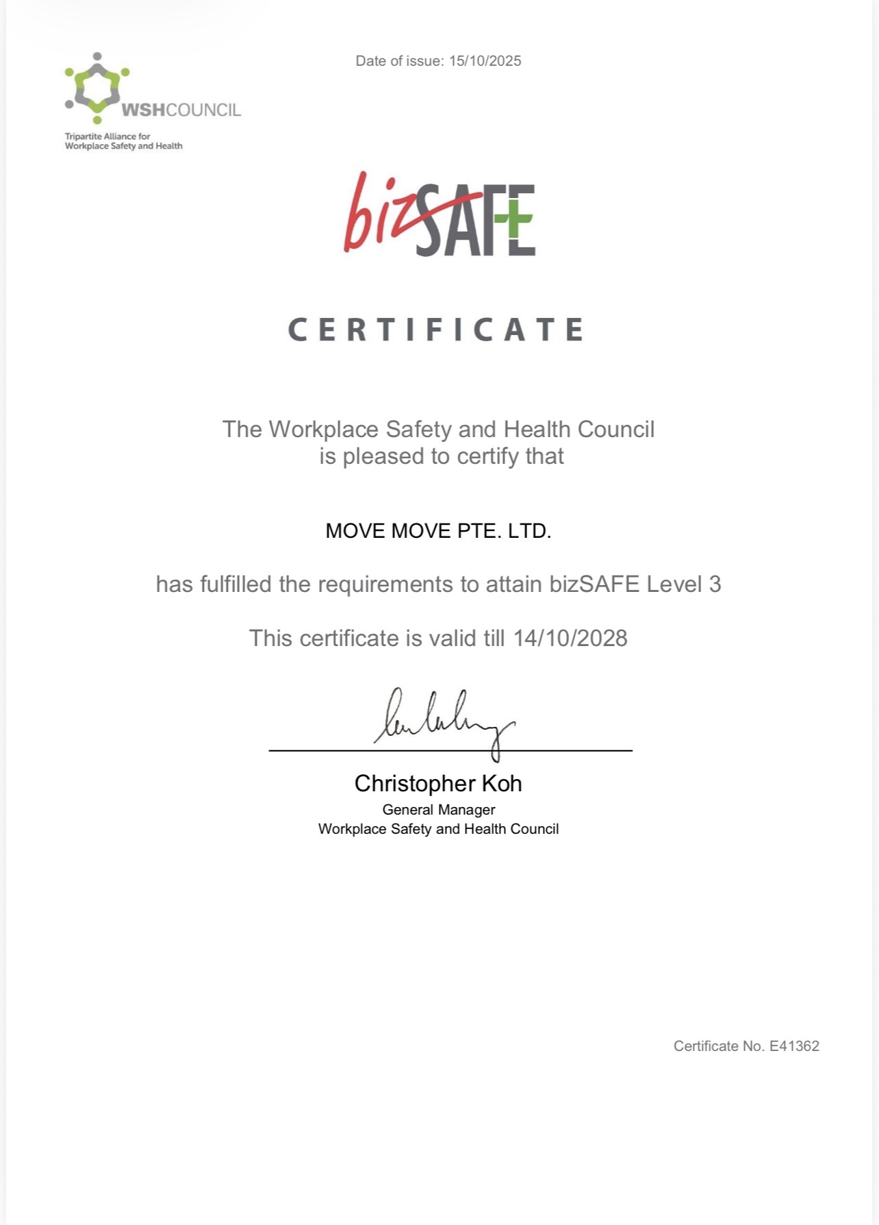 bizSAFE Level 3 certificate for Move Move Pte Ltd issued by the Workplace Safety and Health Council