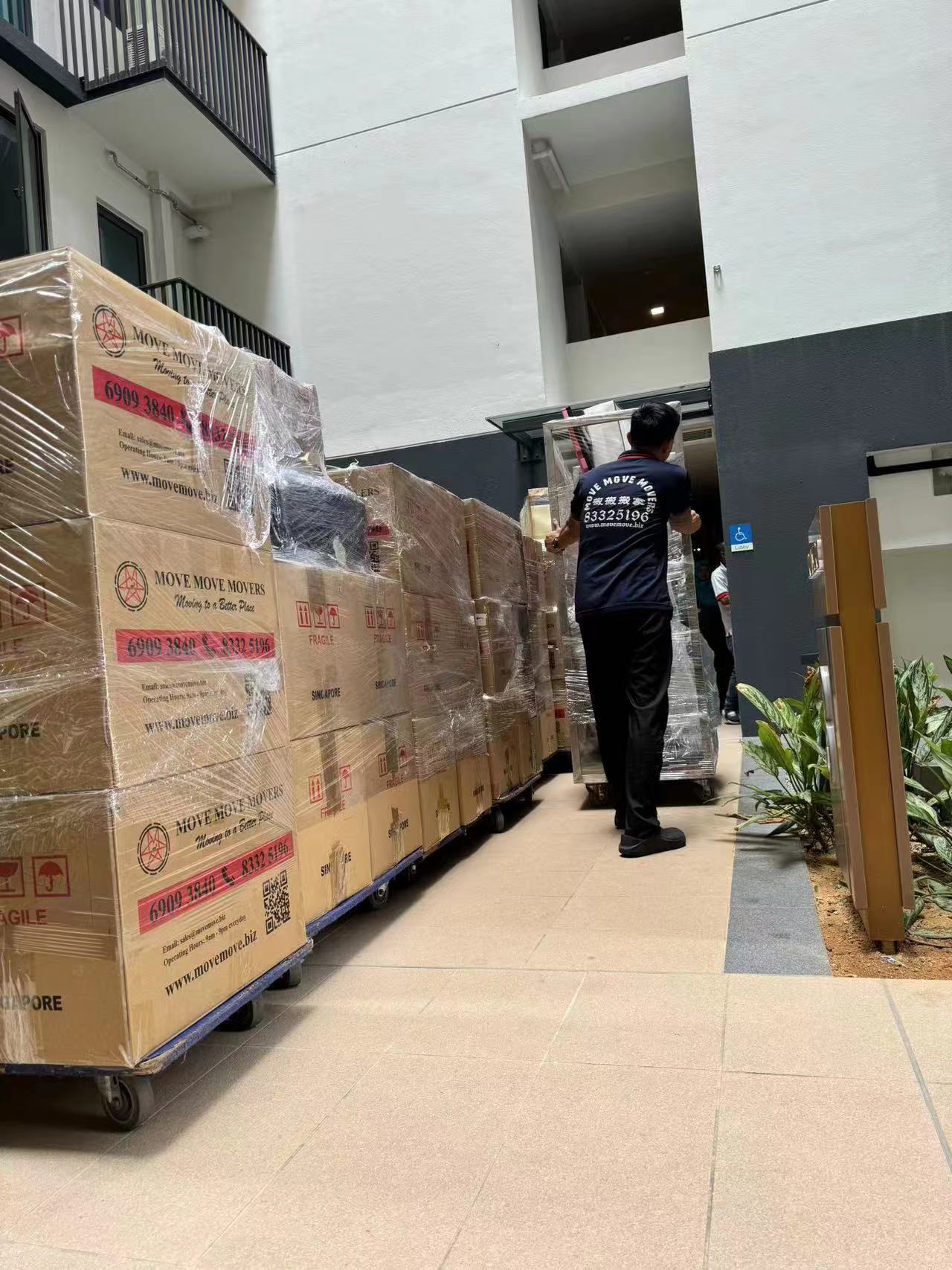 Move Move Movers crew walking beside packed cartons and wrapped furniture along a Singapore condo walkway