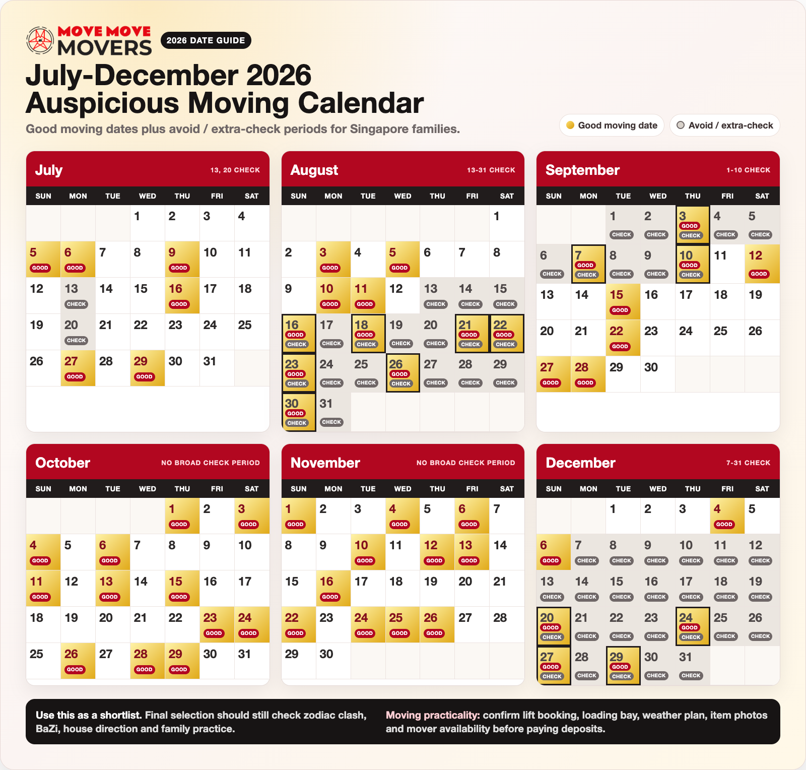 July to December 2026 auspicious moving calendar for Singapore with good moving dates and avoid or extra-check periods