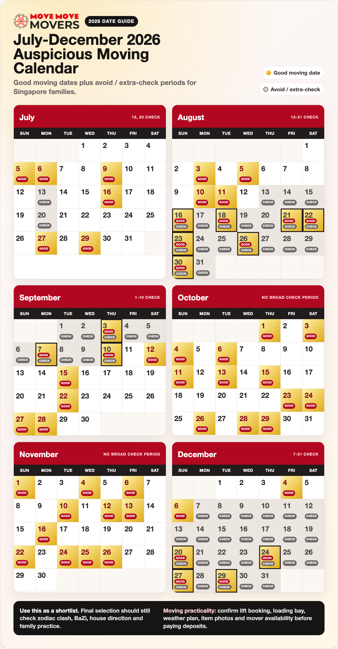 Portrait calendar showing July to December 2026 good moving dates and avoid or extra-check periods for Singapore moves