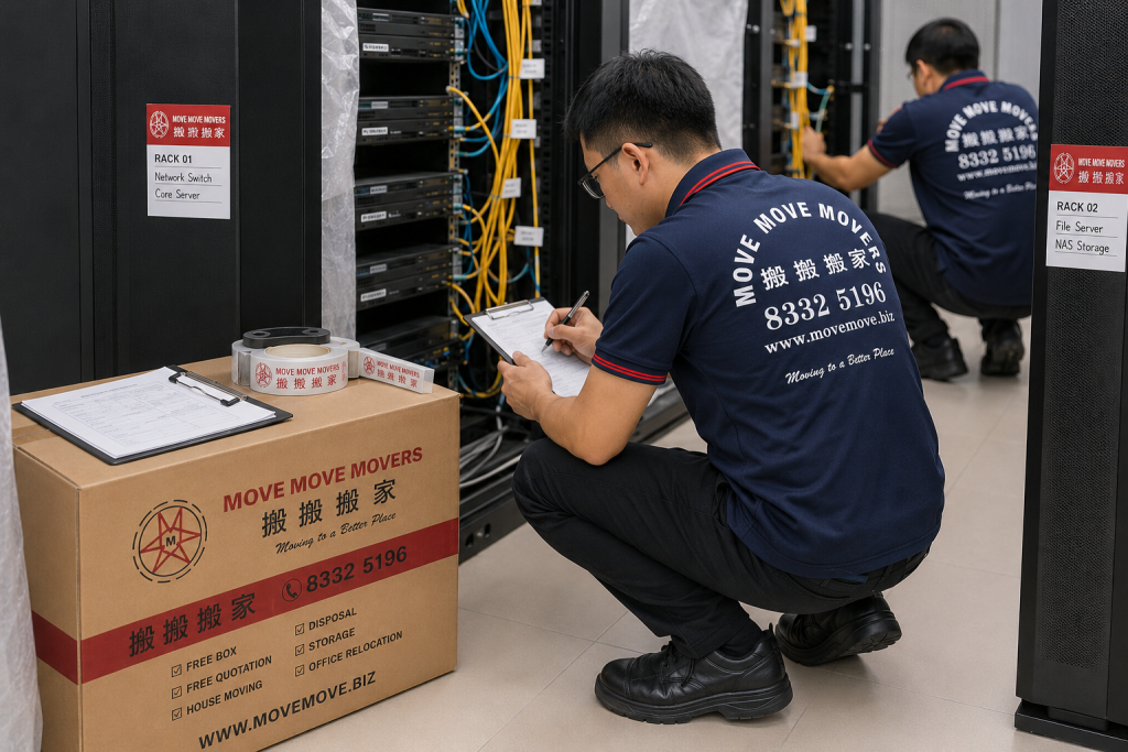 Move Move Movers crew preparing cartons and equipment beside office server racks for relocation